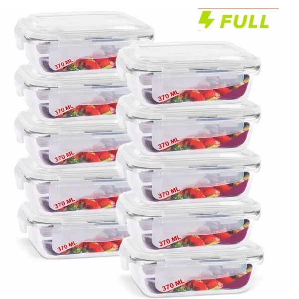 Kit 10 Pote Hermético de Vidro 370ml Marmita Fit Tampa 4 Travas Freezer Microondas Geladeira
