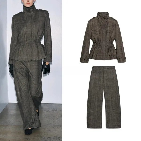 Conjunto Feminino Outono/Inverno Xadrez com Jaqueta de Babados e Calça