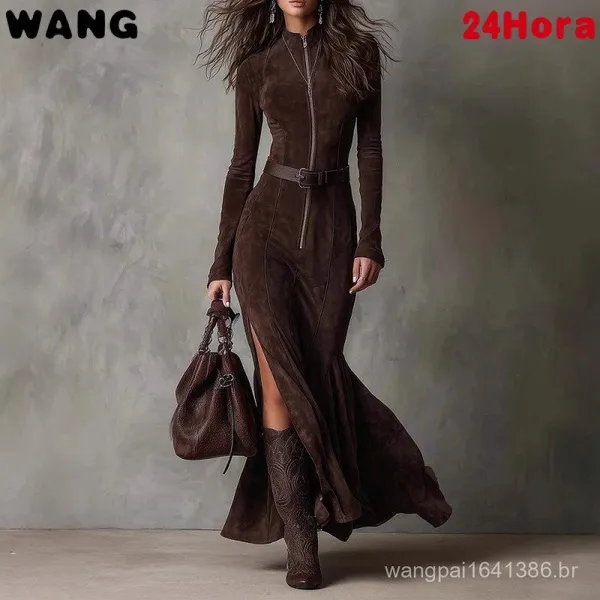 Vestido Longo Elegante de Cor Sólida com Zíper e Gola Alta para Mulheres