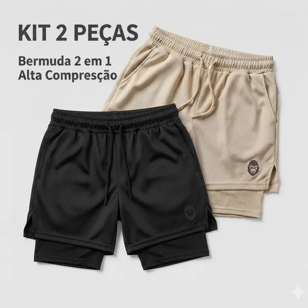 Kit ​2 Bermudas Shorts Masculino Kong 2 em 1 Com Forro Térmico e Bolso Celular Academia Corrida