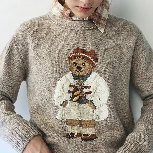 Suéter Pulôver de Urso Bordado Vintage Tricotado – Cáqui/Rosa