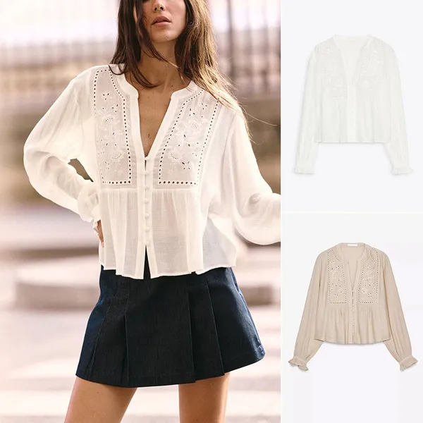 ZA Primavera Novo Estilo Gola Redonda Manga Longa Camisa Bordada Oca