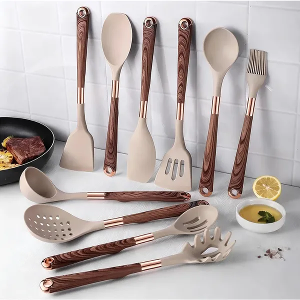 Kit Utensílios Cozinha Silicone 11 Peças Cabo Madeira Não Risca Panela Jogo Completo Com Suporte