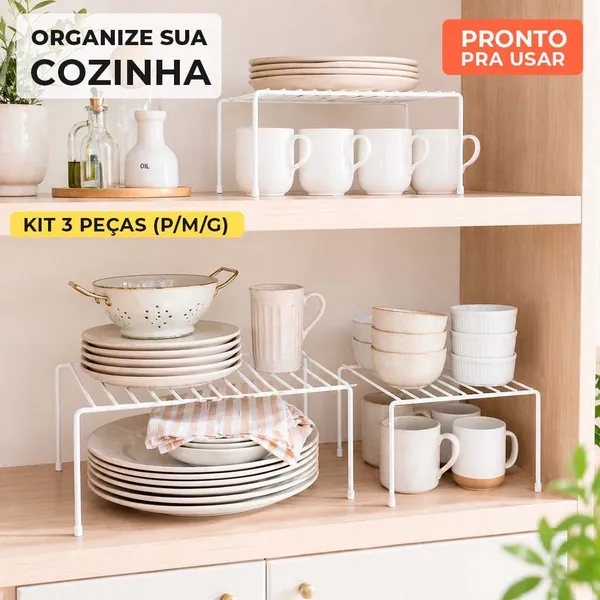 Kit Organizador de Armário 3 Peças P/M/G Suporte para Pratos e Xícaras Organizador Cozinha Multiuso
