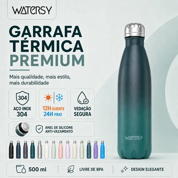 Watersy Garrafa Térmica 500ml Inox 304 c/ Tampa Copo – Quente/Frio, Colorida p/ Academia e Escola