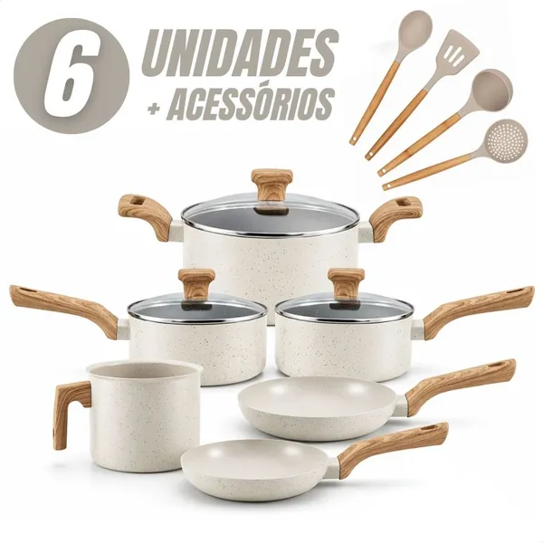 Jogo de Panelas 6 Peças Antiaderentes com Tampa de Vidro Temperada com 4 Utensílios de Cozinha