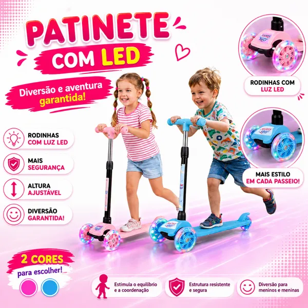 Patinete Dobrável Infantil 3 Rodas Com Led - Castela