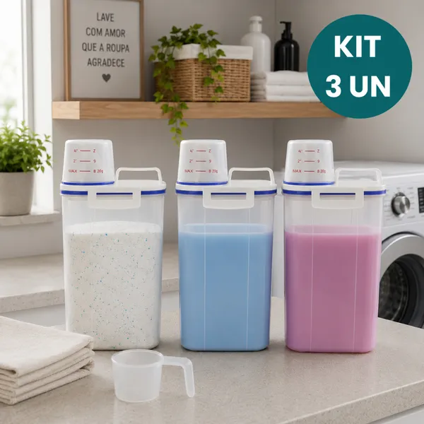 Kit 3 Potes Herméticos 2L Para Lavanderia Com Vedação P/ Sabão em Pó Amaciante Produtos de Limpeza Organização Total