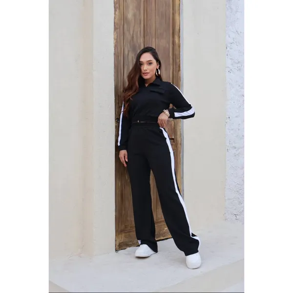 Conjunto Feminino Calça Pantalona Com Listra Lateral Com Bolso Casaco Zíper Moda Gringa