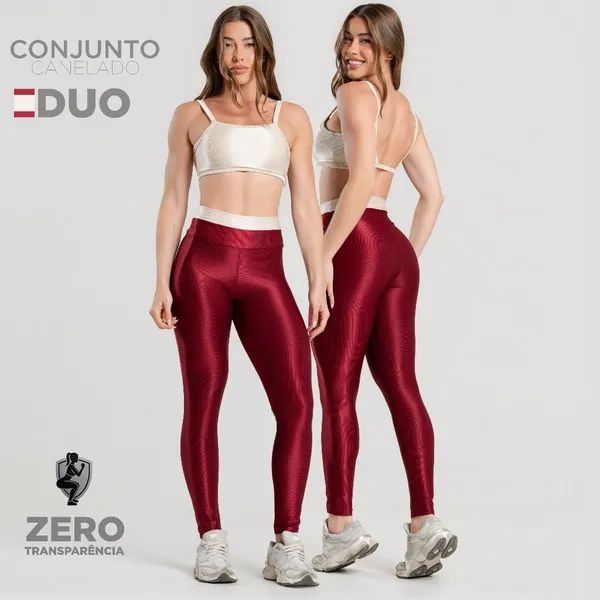 Conjunto Fitness Feminino Trilobal Canelado Brilhoso – Top + Legging Cós Alto Modelador Academia