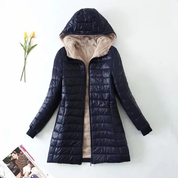 2026 Outono Inverno Novo Meados De A Longo Estilo Coreano Com Capuz Fino Ajuste Jaqueta De Algodão Isolamento De Pelúcia