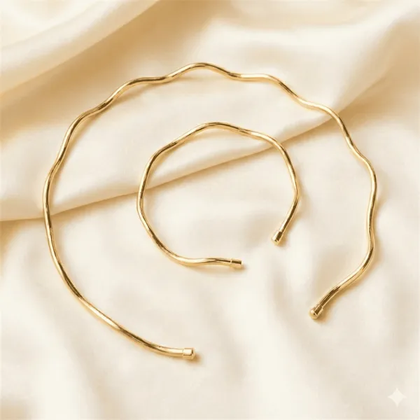 Choker e Pulseira Minimalista Ondulado Ajustável - Dourado e Prata