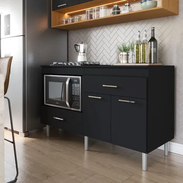 Balcão Grande Para Cooktop 5 Bocas Armário de Cozinha Elegante Mdp 1,40m 2 Portas Turim Movelove