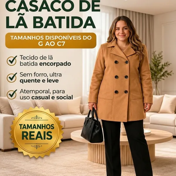 Sobretudo Feminino Plus Size Lã Batida Com Elastano