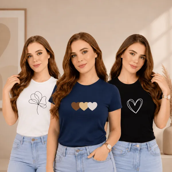 Kit 3 Camisetas T-shits Feminina Estampadas Baby Look Blusinha 100% Algodão Premium