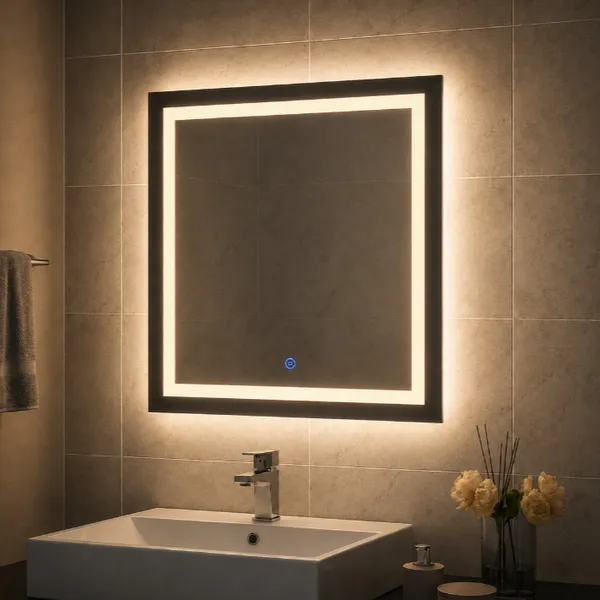 Espelho LED Quadrado 50x50 cm Jateado com Botão Touch e 3 Tons de Luz