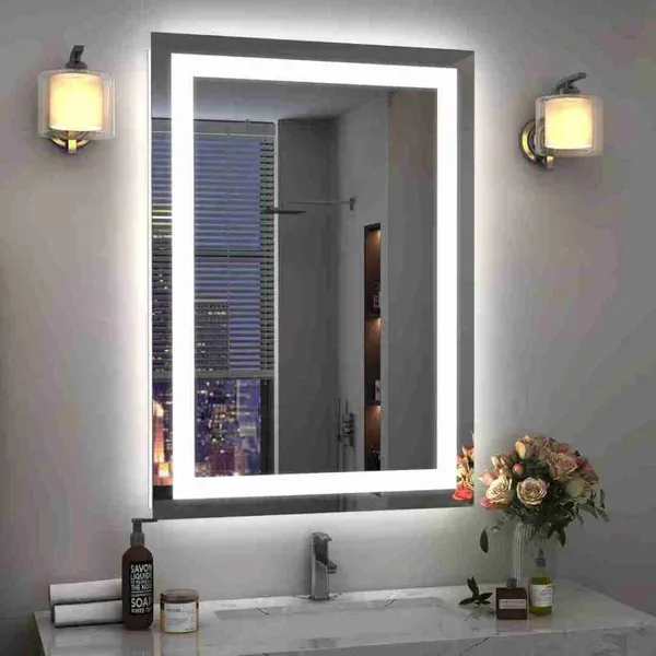 Espelho Grande Retangular 80x50 cm Jateado Com LED Quente Fria e 3 Cores