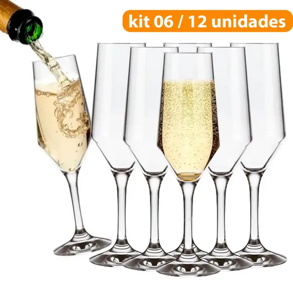 Kit Jogo 12 /06 Taça Vidro Cristalino Buffet 186ML Champanhe Espumante Vinho Branco Bar Restaurante