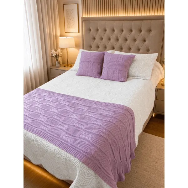 Kit Peseira Manta Tricot Luxo + 2 Capas de Almofadas Decorativas Sala Sofá Cama Texturizadas
