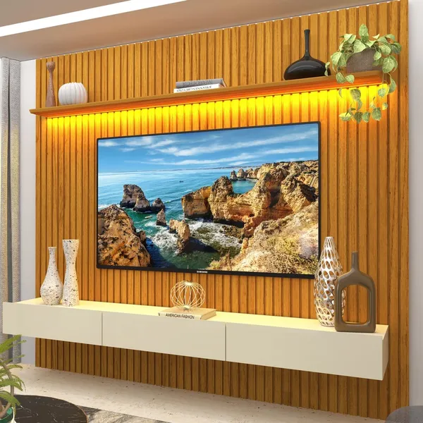 Rack com Painel Ripado para TV até 90 Polegadas com LED 100% MDF 228,8CMX250CM 3 Gavetas Marrom Naturale/Off White