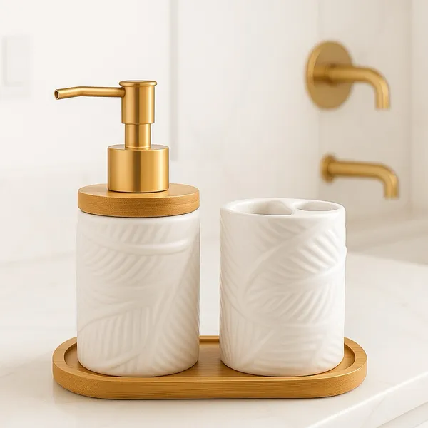 Kit Banheiro Lavabo Porta Sabonete Liquido Dispenser Porta Escova de Dente Cerâmica Luxo