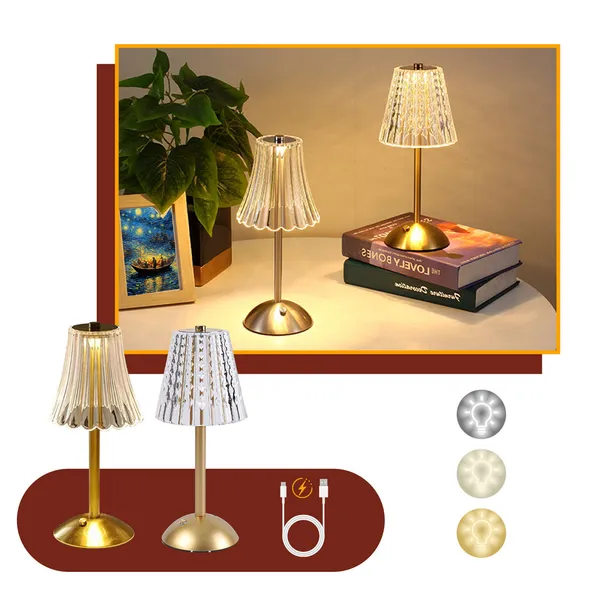 Luminária de Mesa 3 Tons Abajur Cristal Candeeiro Cabeceira LED Recarregável Decoração Sala Quarto