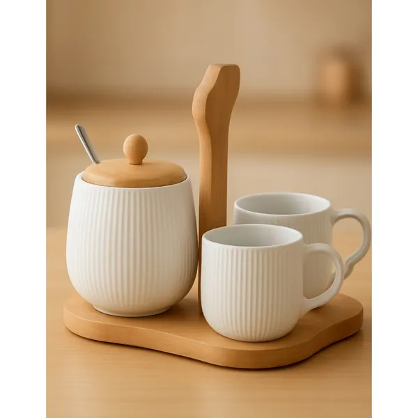 Jogo De 2 Xicaras Com Açucareiro Ceramica Suporte de Bambu 4 Peças