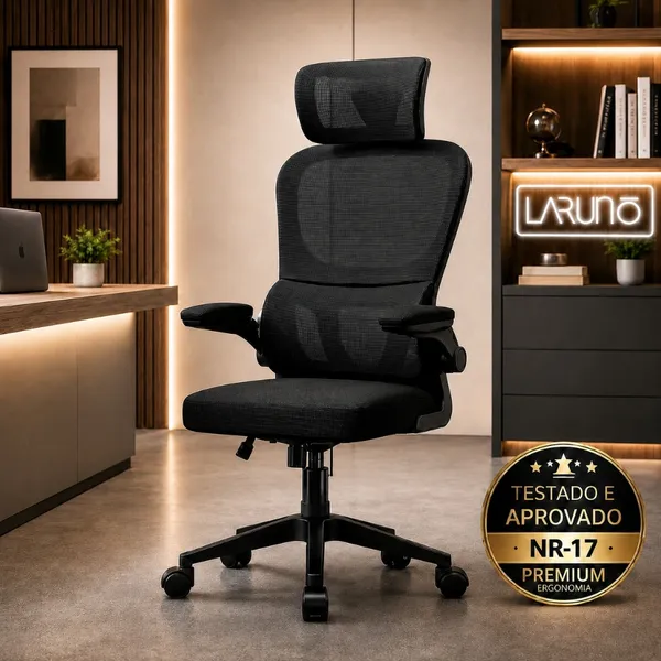 Cadeira de Escritório Ergonômica preta Giratória com Apoio Lombar e Braços Ajustáveis - LARUNO