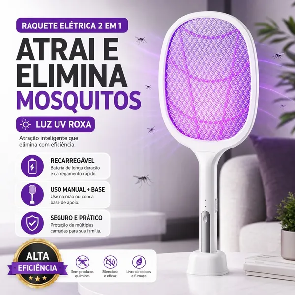 Raquete Mata Mosquito Recarregável  Com Base Luz UV 2 em 1