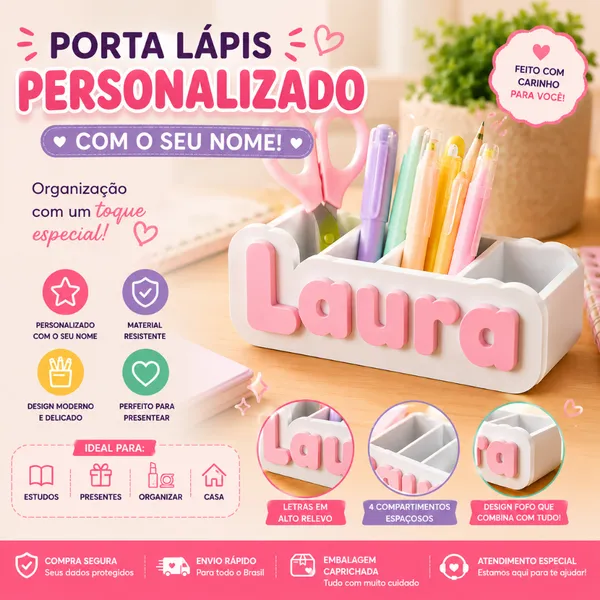 Porta Lápis (Rosa / Lilás / Verde / Azul) - Organizador Infantil Personalizado