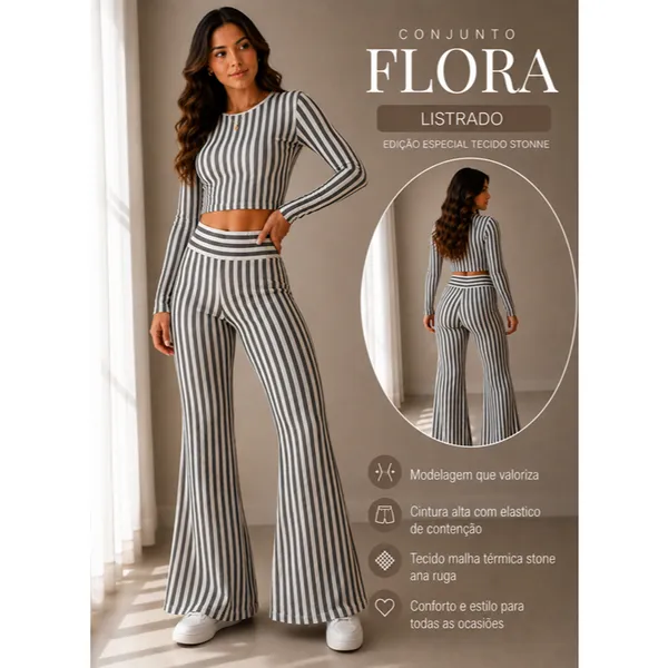 Conjunto Feminino Calça Flare Cintura Alta + Cropped Manga Longa Modela Corpo Não Marca