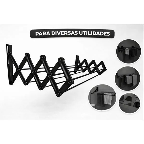 Varal Sanfonado 80 cm Parede Retrátil Preto Apartamento Lavanderia