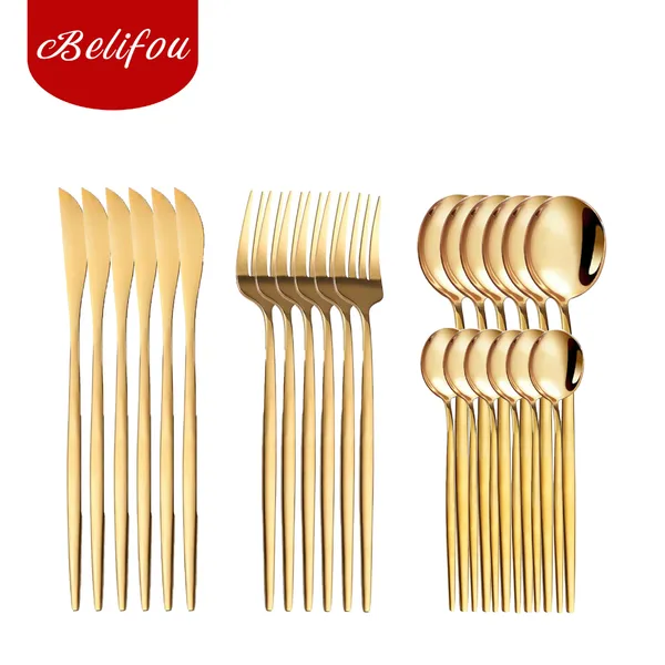 Belifou Kit 24 Jogo De Talheres Inoxidável Suprimentos Cozinha Talheres Dourados Talheres