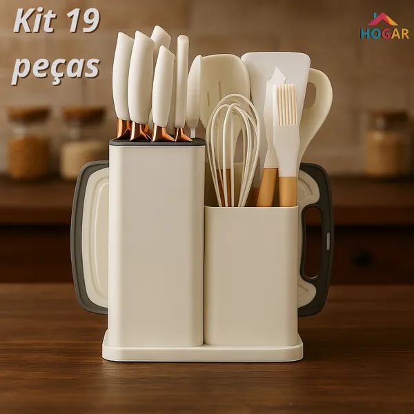 KIT 19 Peças Conjunto de Utensílios de Silicone com Cabo de Madeira e Kit de Facas com Tábua