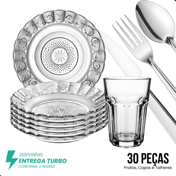 Jogo De Pratos Fundos E Copos C/30 Peças Aparelho de Jantar Em Vidro Com Talheres
