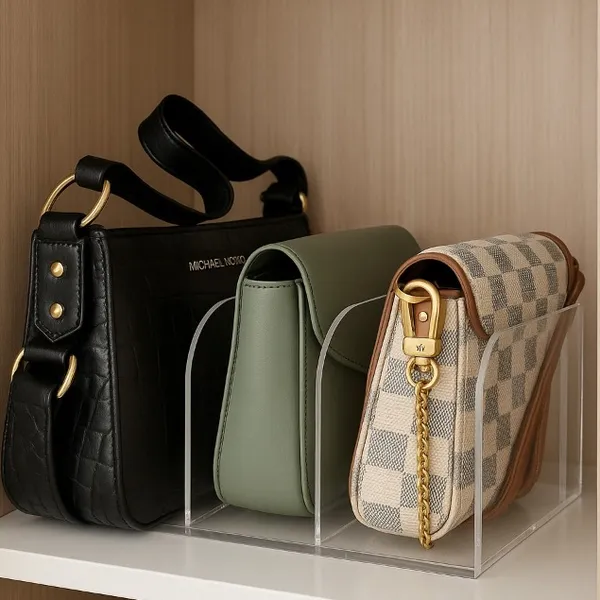 Organizador de Bolsas com 3 Divisões em Acrílico Transparente Preto Branco