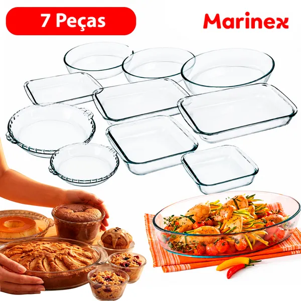 Conjunto Marinex – Kit Jogo de Travessas 7 Peças em Vidro Temperado, Próprias para Forno