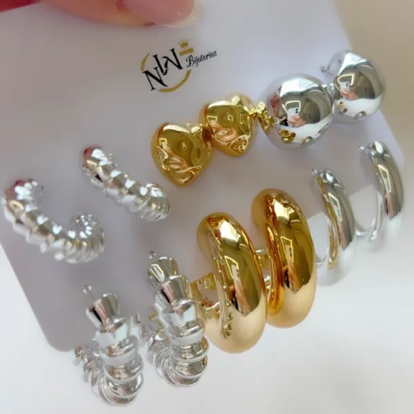 Conjunto 6 Brincos Femininos Coração e Gota | Mix Dourado e Prateado Estilo Moderno