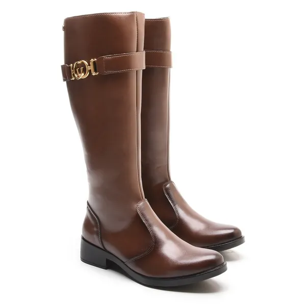 Bota Feminina Laboshoes Montaria Fivela Metálica Cano Longo Confortável Moderna Preto Marrom