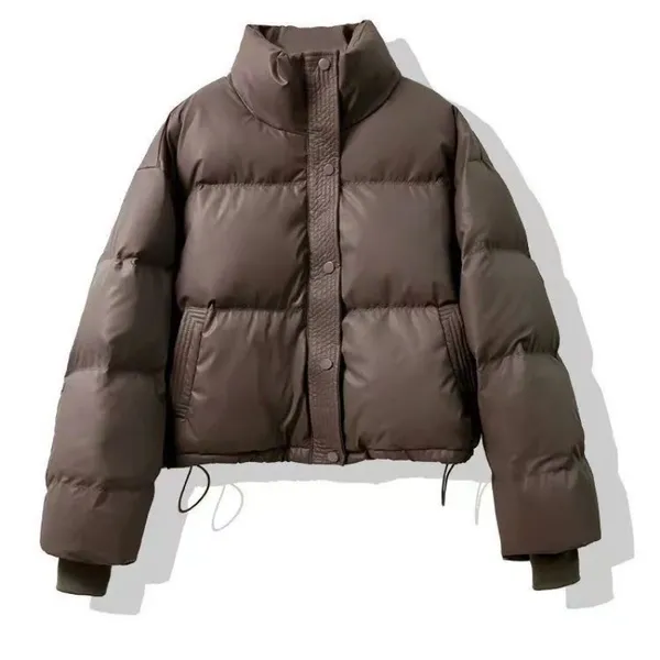 Jaqueta Acolchoada De Couro PU Feminina Coreana Gola Outono Inverno Casaco Curto Feminino Cor Sólida Quente Espessamento