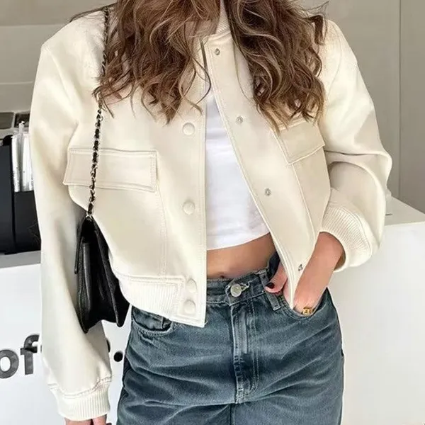 Mulheres Primavera Outono Colheita Jaqueta Manga Comprida Cor Sólida Curto Topo Feminina Jaquetas Casuais