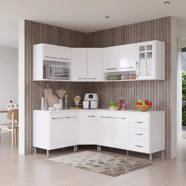 Armário de Cozinha Modulada Completa Fidelitá Viena 6 Peças 340cm 12 Portas 3 Gavetas Com Tampo Branco