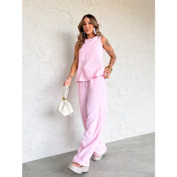 Conjunto Feminino Pantalona Tecido Soltinho Blusa Regata Calça Cintura Elástica P ao GG