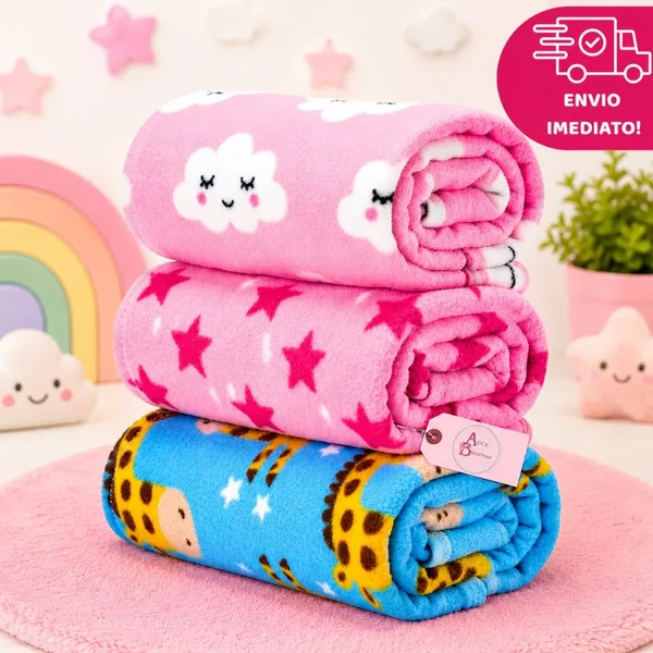 Kit 3 mantas de bebê cobertor, microfibra, estampada