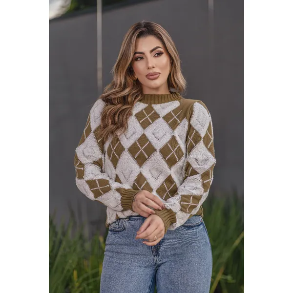 Blusa Feminina de Frio em Tricot Manga Longa com Detalhes de Losango Tipo Escocesa Moda Inverno