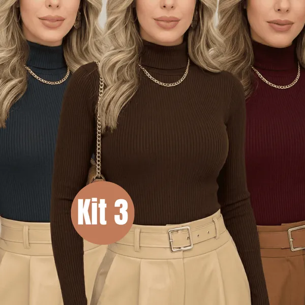 Kit 3 Blusa Feminina Canelada Gola Alta Manga Longa Inverno Blusas Femininas