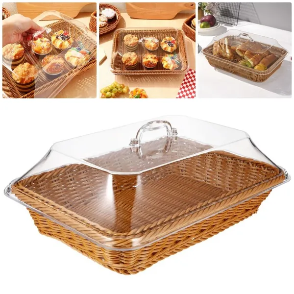 Cesta de pão de vime tecida à mão com tampa Cesta de armazenamento de drenagem de frutas 35 * 25 * 15 CM