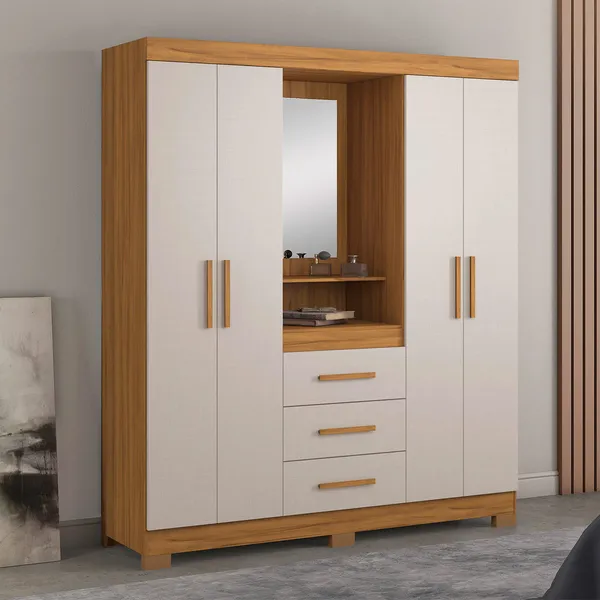 Guarda-Roupa Casal 4 Portas 3 Gavetas para Quarto com Espelho Grande Freijo com Off White - MoveisAqui
