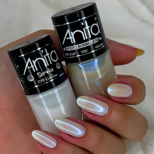 Kit 2 Esmaltes Anita Concha Branco + Top Coat Efeito Borboleta