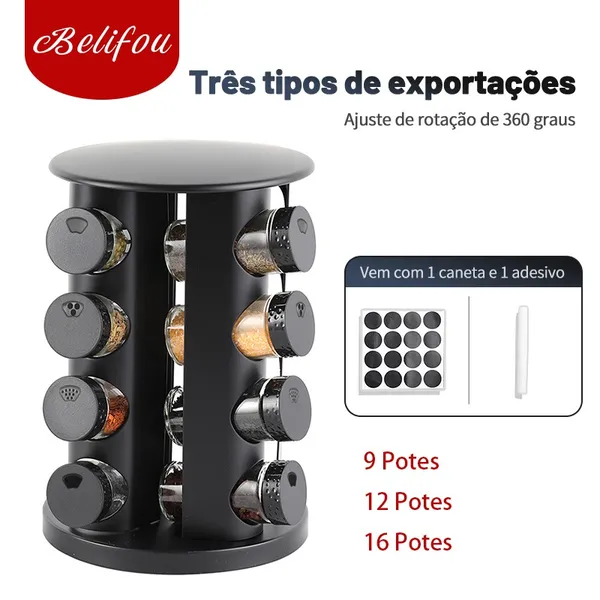 Belifou Porta Tempero Giratorio Com 9/12/16 Potes Vidro Suporte Para Especiarias Giratório 360 Graus